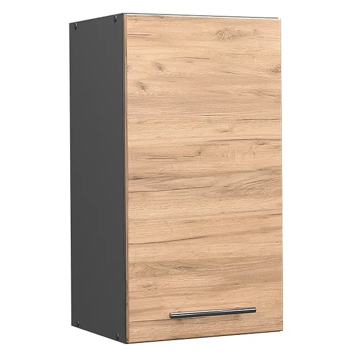 Vicco Schrankküche Fame-Line Goldkraft Eiche - Goldkraft Eiche, Hängeschrank 40 cm - Wandschrank mit heller Holzmaserungstür und dunkelgrauen Seiten, mit silbernem Stangengriff.