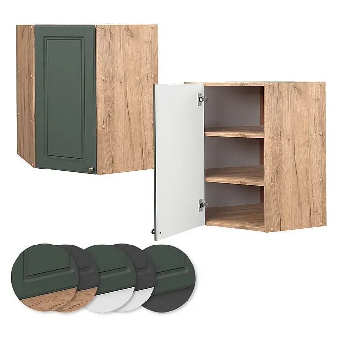 Vicco Schrankküche Fame-Line Grün-Gold Landhaus - Grün-Gold Landhaus, Eckhängeschrank 57 cm - Modulare Küchenoberschränke mit Holzdekor, dunkelgrünen und weißen Türen und Einlegeböden. Farb-/Materialmuster.