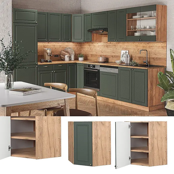 Vicco Schrankküche Fame-Line Grün-Gold Landhaus - Grün-Gold Landhaus, Eckhängeschrank 57 cm - L-förmige Küchenschrank-Garnitur mit dunkelgrünen Türen und Holzoptik-Paneelen, inklusive Einbaugeräten.