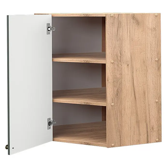 Vicco Schrankküche Fame-Line Grün-Gold Landhaus - Grün-Gold Landhaus, Eckhängeschrank 57 cm - Heller Wandschrank in Holzoptik mit offener weißer Tür und drei Innenböden.