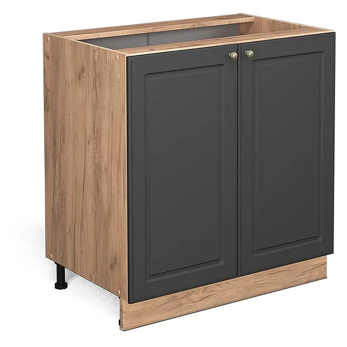 Vicco Schrankküche Fame-Line Anthrazit-Gold mit Regal, ohne Arbeitsplatte - Anthrazit-Gold, Unterschrank 80 cm - Zweitüriger Küchenunterschrank mit dunkelgrauen Paneeltüren, hellen Holzmaserungsseiten, Sockel und goldenen Griffen.