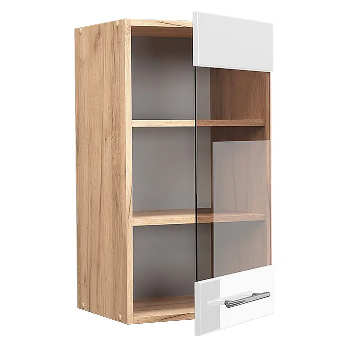 Vicco Schrankküche Fame-Line Weiß Hochglanz - Weiß Hochglanz, Hängeglasschrank 40 cm - Wandschrank aus hellem Holz mit drei Einlegeböden und einer teilweise weißen, teilweise verglasten Tür mit Griff.