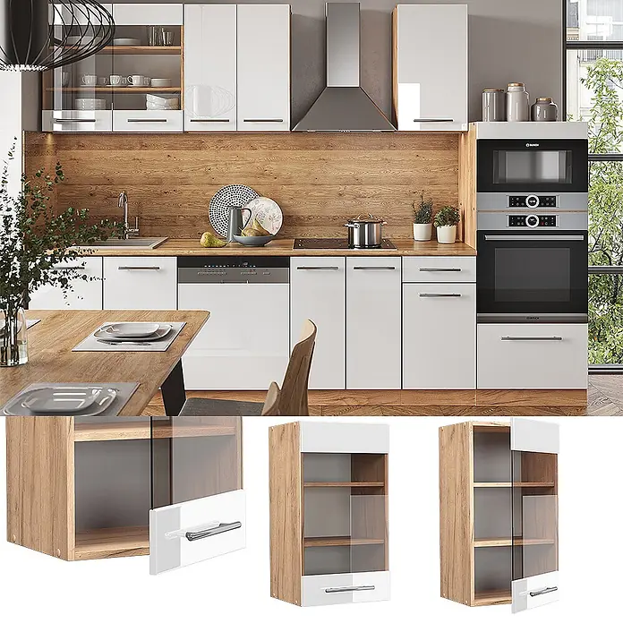 Vicco Schrankküche Fame-Line Weiß Hochglanz - Weiß Hochglanz, Hängeglasschrank 40 cm - Moderne weiße und holzfarbene Küchenschränke mit Glastüren und eleganten Griffen.