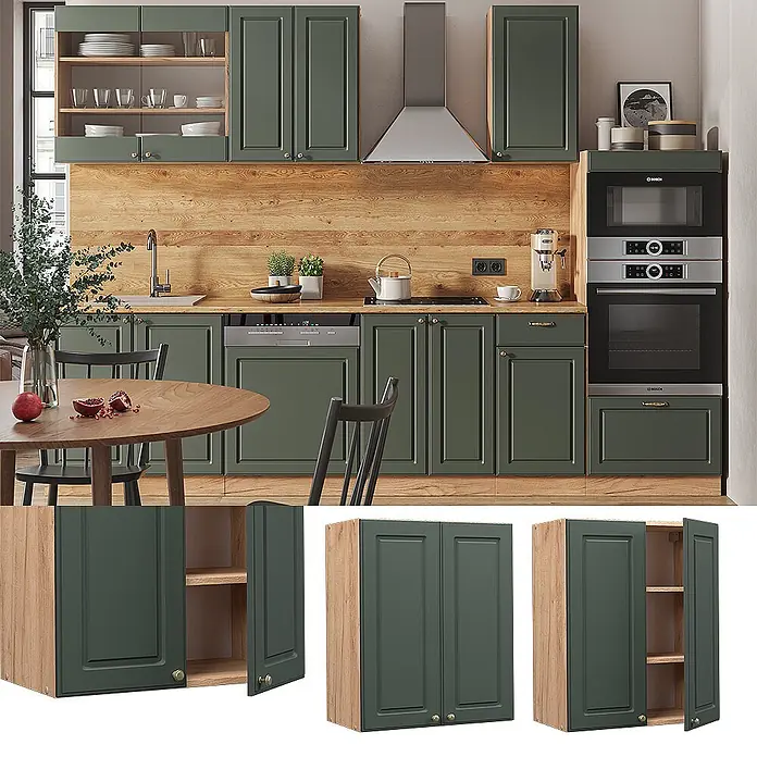 Vicco Schrankküche Fame-Line Grün-Gold Landhaus - Grün-Gold Landhaus, Hängeschrank 60 cm - Dunkelgrüne Küchenschränke mit Holzmaserungs-Innenseiten, in einer funktionalen Küche integriert.