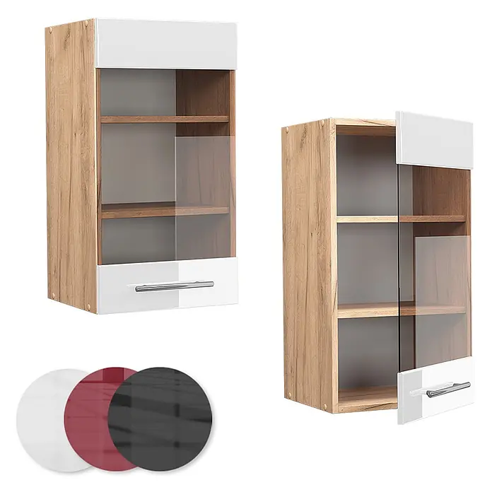 Vicco Schrankküche Fame-Line Weiß Hochglanz - Weiß Hochglanz, Hängeglasschrank 40 cm - Hängeschrank aus hellem Holz und Weiß mit Glastür, Schublade und Regalen, geschlossen und offen gezeigt.