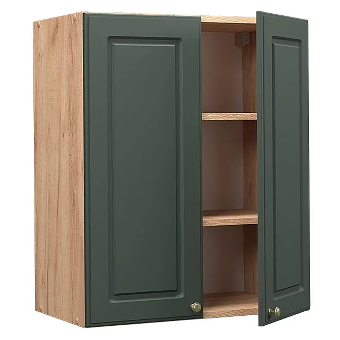 Vicco Schrankküche Fame-Line Grün-Gold Landhaus - Grün-Gold Landhaus, Hängeschrank 60 cm - Zweitüriger Hängeschrank mit hellem Holzkorpus und dunkelgrünen Rahmentüren mit Messingknäufen. Eine Tür ist offen und zeigt zwei Holzregale.