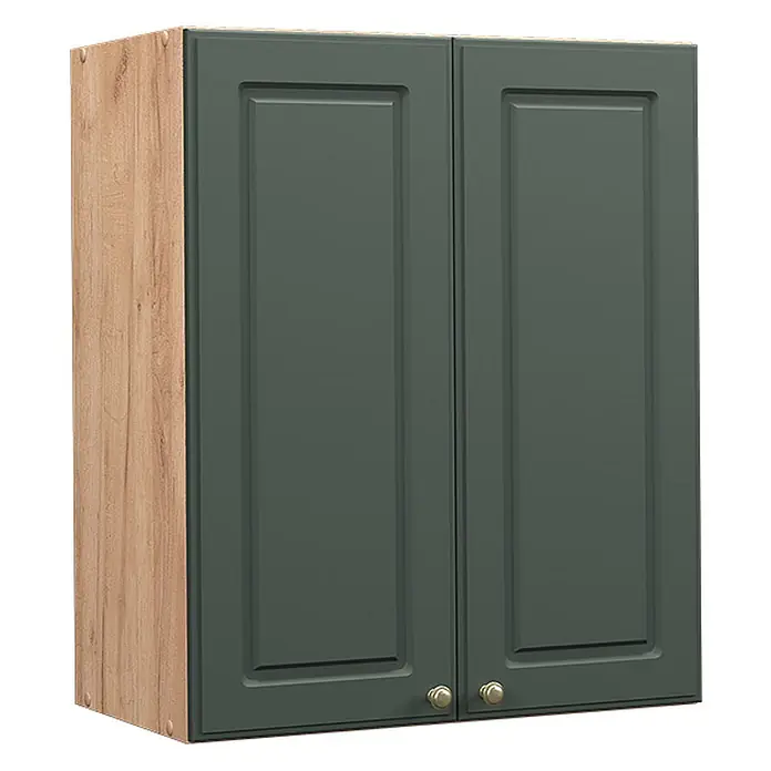 Vicco Schrankküche Fame-Line Grün-Gold Landhaus - Grün-Gold Landhaus, Hängeschrank 60 cm - Dunkelgrüner Hängeschrank mit zwei Kassettentüren, hellen Holzseiten und goldfarbenen Knöpfen.