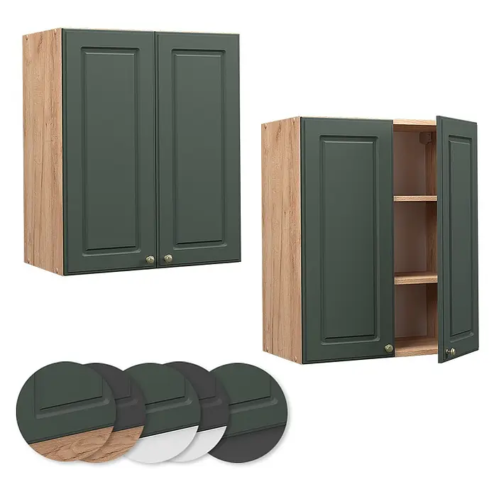 Vicco Schrankküche Fame-Line Grün-Gold Landhaus - Grün-Gold Landhaus, Hängeschrank 60 cm - Dunkelgrüner Küchenoberschrank mit Holzmaserung und Messinggriffen, geschlossen und offen mit Regalen gezeigt. Farbmuster inklusive.