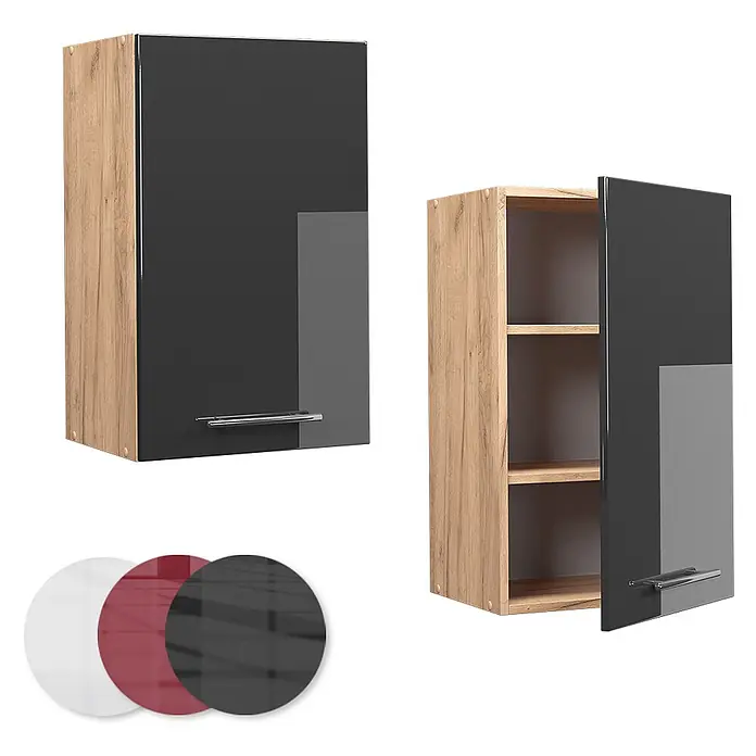Vicco Schrankküche Fame-Line Anthrazit Hochglanz - Anthrazit Hochglanz, Hängeschrank 45 cm - Wandschrank in Holzoptik mit glänzender schwarzer Tür, geschlossen und offen mit Regalen dargestellt. Farbmuster für Weiß, Rot und Schwarz enthalten.