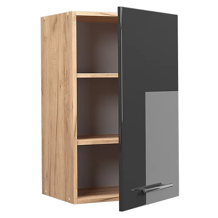 Vicco Schrankküche Fame-Line Anthrazit Hochglanz - Anthrazit Hochglanz, Hängeschrank 45 cm - Hängeschrank mit heller Holzoptik-Seite, zwei offenen Fächern und glänzender dunkelgrauer Tür mit hellem Akzent und silbernem Griff.
