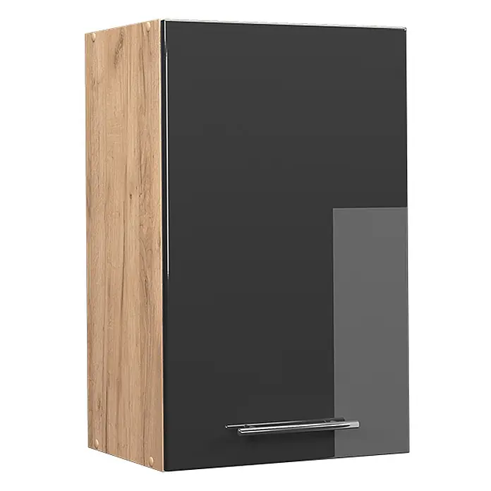 Vicco Schrankküche Fame-Line Anthrazit Hochglanz - Anthrazit Hochglanz, Hängeschrank 45 cm - Zweifarbiger Wandschrank mit Holzseitenwand und glänzender dunkelgrauer und hellgrauer Frontplatte mit silbernem Griff.
