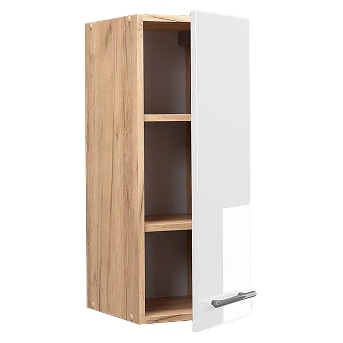 Vicco Schrankküche Fame-Line Weiß Hochglanz - Weiß Hochglanz, Hängeschrank 30 cm - Schmaler Wandschrank in Holzoptik mit offener weißer Hochglanztür, drei Regalböden und silbernem Griff.