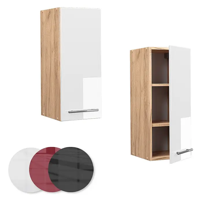Vicco Schrankküche Fame-Line Weiß Hochglanz - Weiß Hochglanz, Hängeschrank 30 cm - Wandschrank mit Eichendekorrahmen, glänzend weißer Tür und Griff, offen und geschlossen gezeigt. Inklusive Farbmuster in Glanzweiß, Rot, Schwarz.