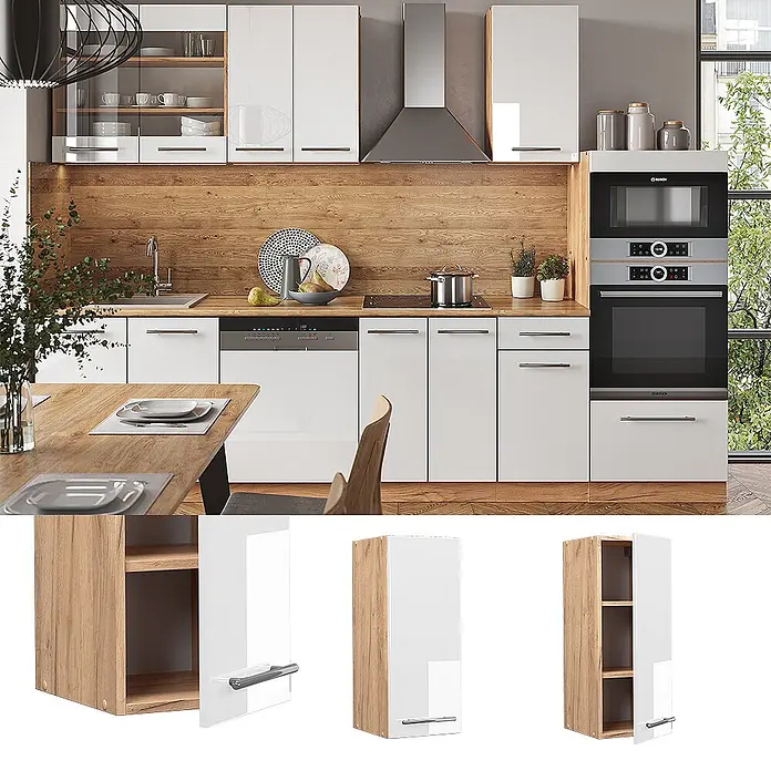 Vicco Schrankküche Fame-Line Weiß Hochglanz - Weiß Hochglanz, Hängeschrank 30 cm - Moderne Küche mit weißen Hochglanzschränken und Holzoptik-Elementen.