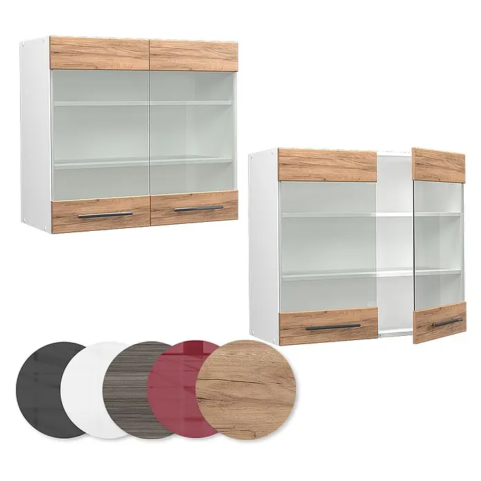 Vicco Schrankküche Fame-Line Goldkraft Eiche - Goldkraft Eiche, Hängeglasschrank 80 cm - Weißer Hängeschrank mit Glastüren, hellen Holz-Akzenten und Metallgriffen. Geschlossen und offen für Stauraum gezeigt.