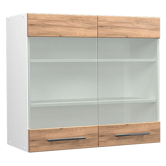 Vicco Schrankküche Fame-Line Goldkraft Eiche - Goldkraft Eiche, Hängeglasschrank 80 cm - Weißer Wandschrank mit Holzoptik-Ober- und Unterpanelen, zwei Klarglastüren mit Regalen und silbernen Griffen.