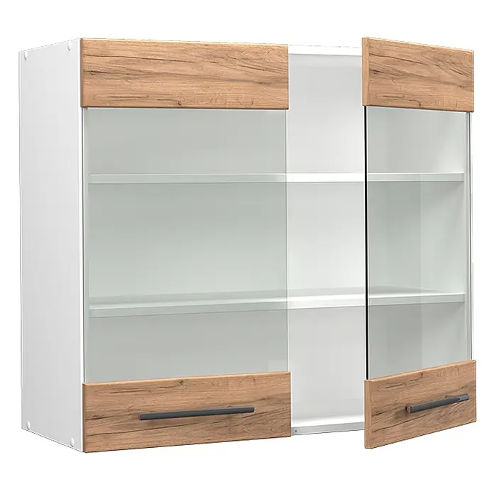 Vicco Schrankküche Fame-Line Goldkraft Eiche - Goldkraft Eiche, Hängeglasschrank 80 cm - Weißer Hängeschrank mit Glastüren, Holzoptik-Paneelen oben/unten und dunklen Griffen. Eine Tür ist offen und zeigt Innenregale.