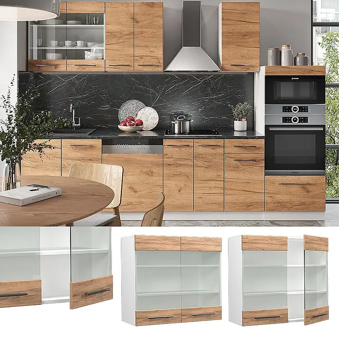 Vicco Schrankküche Fame-Line Goldkraft Eiche - Goldkraft Eiche, Hängeglasschrank 80 cm - Moderne Küche mit hellen Holzmaserungsschränken, dunklen Griffen und schwarzer Marmor-Rückwand. Inklusive Vitrinen.