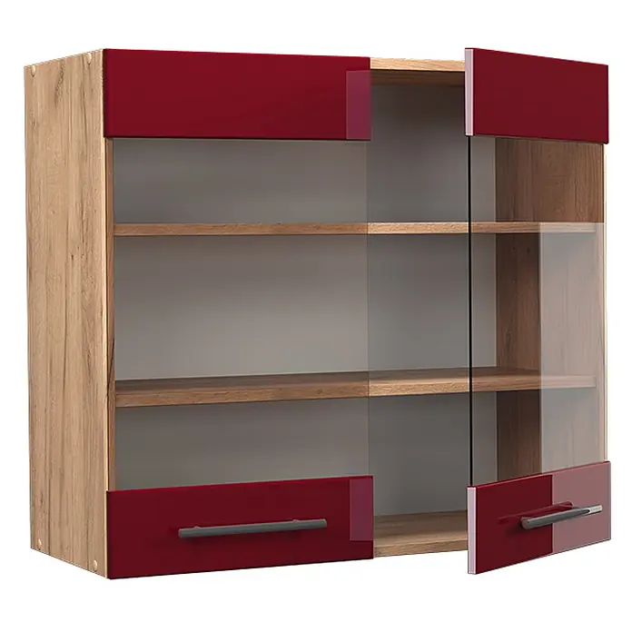 Vicco Schrankküche Fame-Line Bordeaux Hochglanz - Bordeaux Hochglanz, Hängeglasschrank 80 cm - Zweifarbiger Wandschrank mit Holzoptikrahmen, hochglänzenden roten Türen und Klarglasplatten, ausgestattet mit Regalböden.