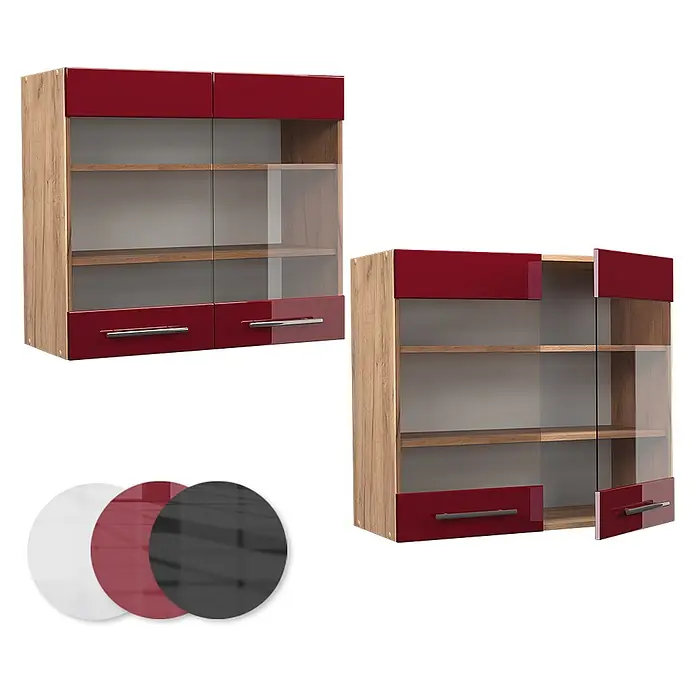 Vicco Schrankküche Fame-Line Bordeaux Hochglanz - Bordeaux Hochglanz, Hängeglasschrank 80 cm - Wandschrank mit Rahmen in Eichenoptik, roten Hochglanz- und Glastüren/Schubladen. Inkl. weißen, roten, schwarzen Farbmustern.
