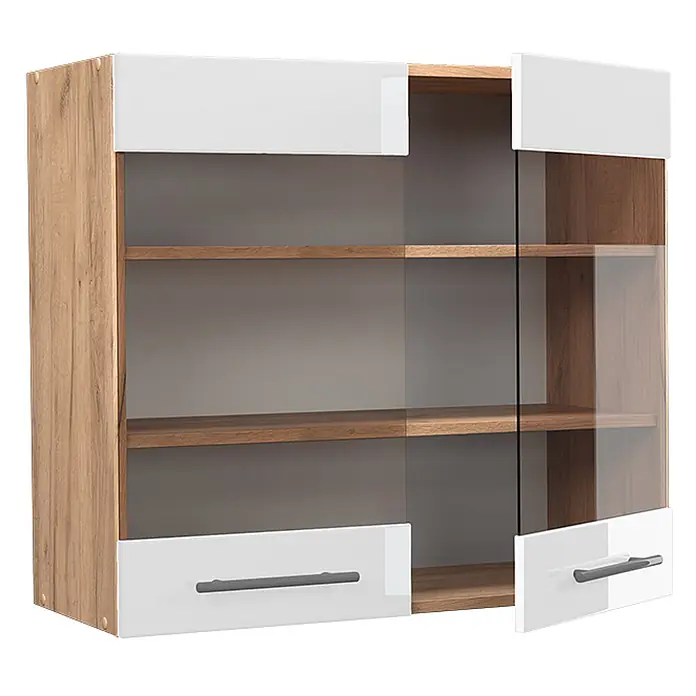 Vicco Schrankküche Fame-Line Weiß Hochglanz - Weiß Hochglanz, Hängeglasschrank 80 cm - Wandschrank mit Holzoptik-Seiten, weißen Ober-/Unterplatten, Glastüren und grauen Griffen.