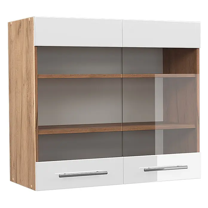 Vicco Schrankküche Fame-Line Weiß Hochglanz - Weiß Hochglanz, Hängeglasschrank 80 cm - Hängeschrank: Seiten in Eichenoptik, weiße Hochglanzfronten, zwei Glastüren und zwei Schubladen mit silbernen Griffen.
