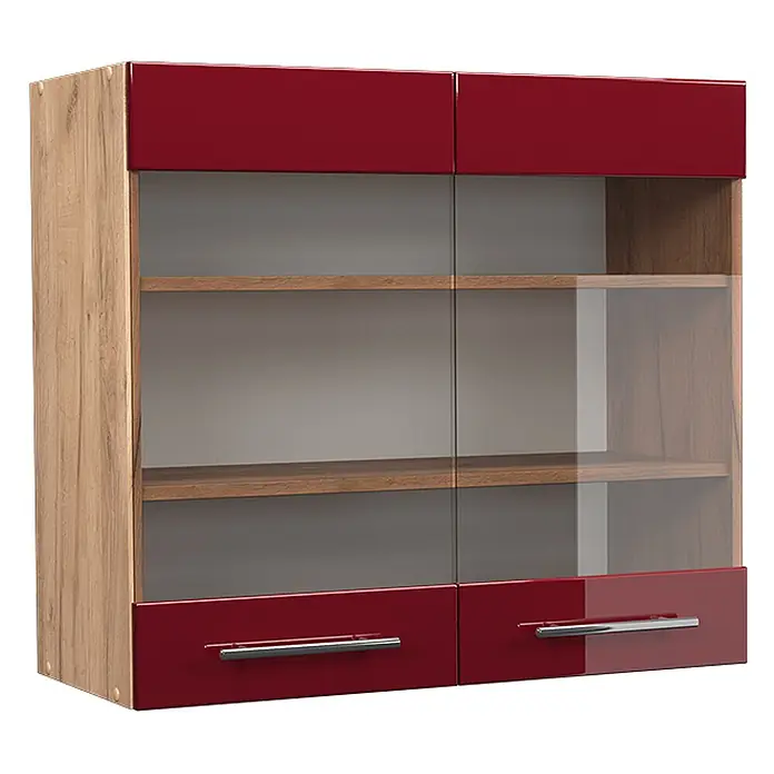 Vicco Schrankküche Fame-Line Bordeaux Hochglanz - Bordeaux Hochglanz, Hängeglasschrank 80 cm - Rot-glänzender und Holz-Wandschrank mit Glastüren, Innenregalen und unteren Schubladen.