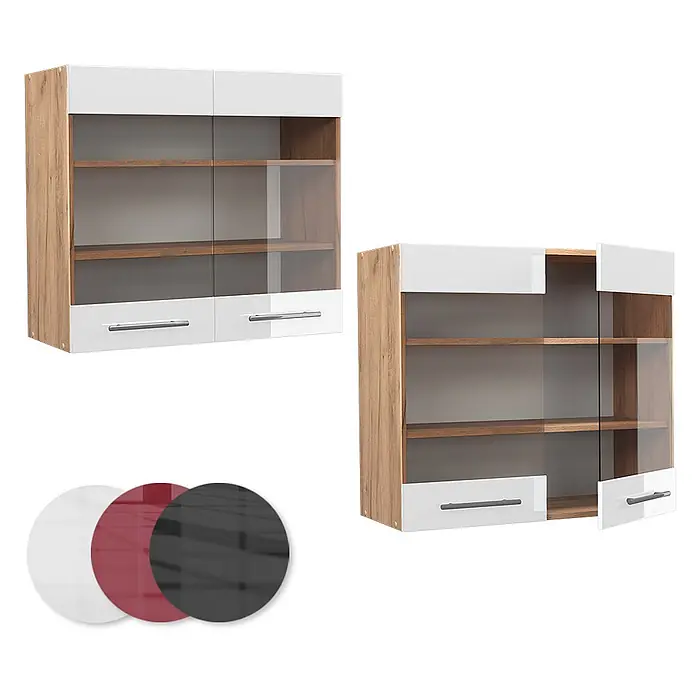 Vicco Schrankküche Fame-Line Weiß Hochglanz - Weiß Hochglanz, Hängeglasschrank 80 cm - Hängeschrank aus Holz mit weißen Elementen, Glastüren und Schubladen. Geschlossen und offen gezeigt, mit Farbmustern.