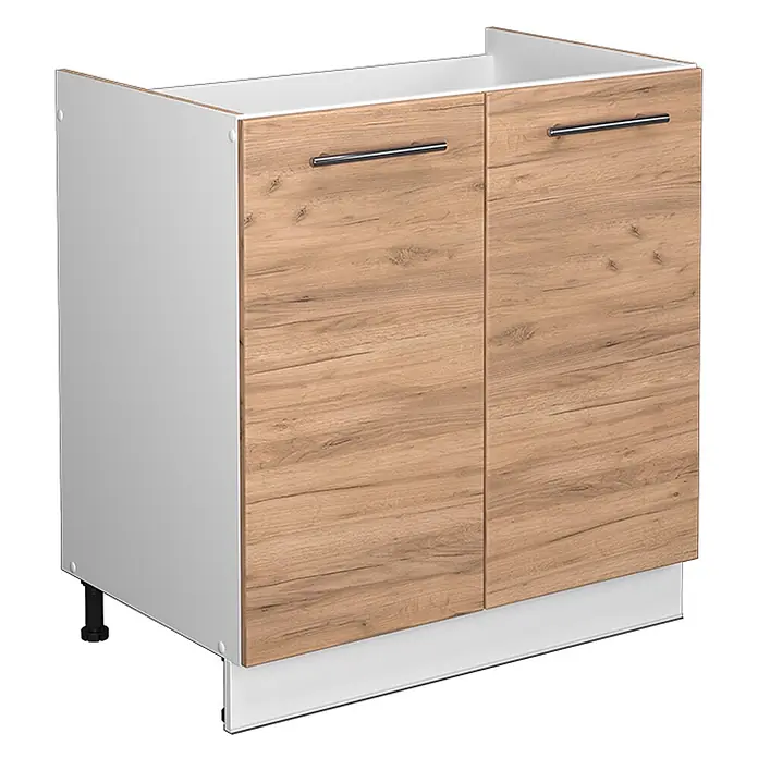 Vicco Schrankküche Fame-Line Goldkraft Eiche ohne Arbeitsplatte - Goldkraft Eiche, Spülenunterschrank 80 cm - Weißer Küchenunterschrank mit zwei hellen Holzmaserungstüren, Metallgriffen und weißer Sockelblende.