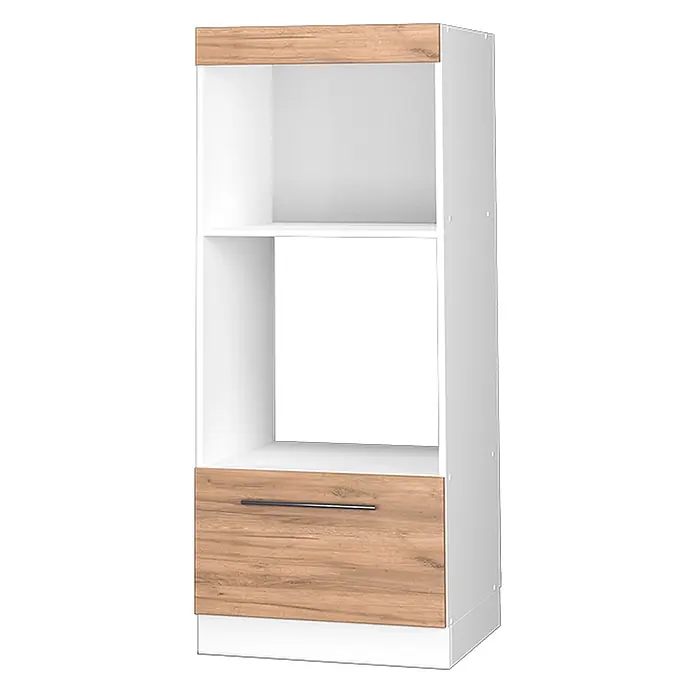 Vicco Schrankküche Fame-Line Goldkraft Eiche offen - Goldkraft Eiche, Mikrowellenumbauschrank 60 cm - Weißes, schmales Regal mit Holzoptik-Oberleiste und Bodenschublade, zwei offene Fächer.