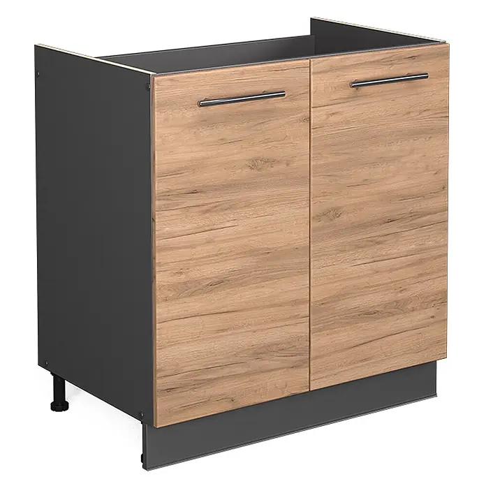 Vicco Schrankküche Fame-Line Goldkraft Eiche ohne Arbeitsplatte - Goldkraft Eiche, Spülenunterschrank 80 cm - Zweitüriger Unterschrank mit hellen Holzmaserungsfronten, dunkelgrauem Korpus, Sockelblende und Metallgriffen.