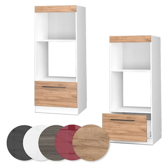 Vicco Schrankküche Fame-Line Goldkraft Eiche offen - Goldkraft Eiche, Mikrowellenumbauschrank 60 cm - Zwei weiße Hochschränke in Holzoptik mit offenen Regalen und Schubladen, eine davon geöffnet. Farbmuster für verschiedene Optionen.