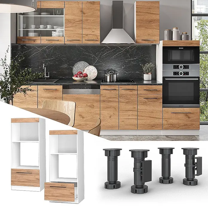 Vicco Schrankküche Fame-Line Goldkraft Eiche offen - Goldkraft Eiche, Mikrowellenumbauschrank 60 cm - Moderne Küche mit Holzoptikschränken, schwarzer Arbeitsplatte, Einbaugeräten. Dazu weiße Regaleinheiten und schwarze verstellbare Möbelfüße.