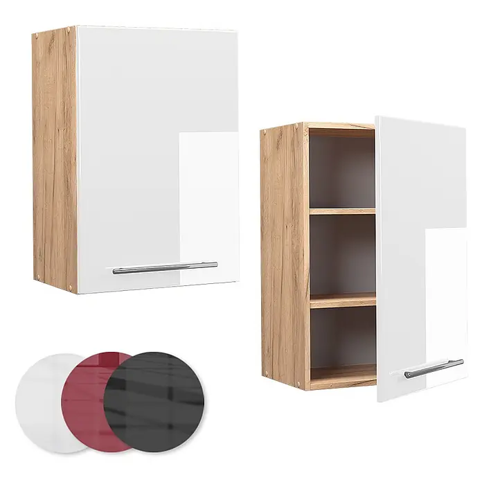Vicco Schrankküche Fame-Line Weiß Hochglanz - Weiß Hochglanz, Hängeschrank 50 cm - Wandschrank mit Holzrahmen, glänzend weißer Tür, geschlossen & offen mit Fächern. Farboptionen: weiß, rot, schwarz.