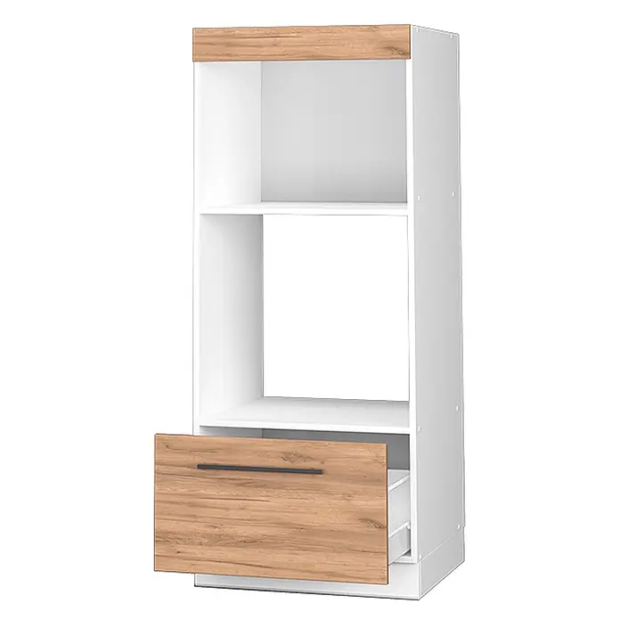 Vicco Schrankküche Fame-Line Goldkraft Eiche offen - Goldkraft Eiche, Mikrowellenumbauschrank 60 cm - Weißer Schrank mit einer oberen Holzoptik-Platte, drei offenen Fächern und einer passenden geöffneten Schublade mit schwarzem Griff.