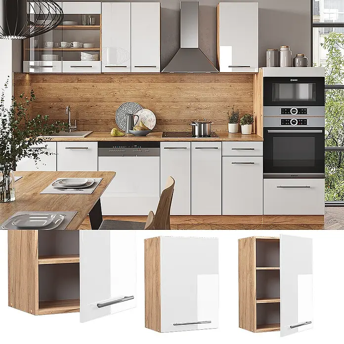 Vicco Schrankküche Fame-Line Weiß Hochglanz - Weiß Hochglanz, Hängeschrank 50 cm - Moderne Küchenschränke mit hochglänzenden weißen Fronten und Holzoptik-Korpus, integriert in eine funktionale Kücheneinrichtung.