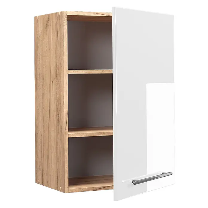 Vicco Schrankküche Fame-Line Weiß Hochglanz - Weiß Hochglanz, Hängeschrank 50 cm - Hängeschrank: Korpus in heller Holzoptik, weiße Glanztür, offene Regale.