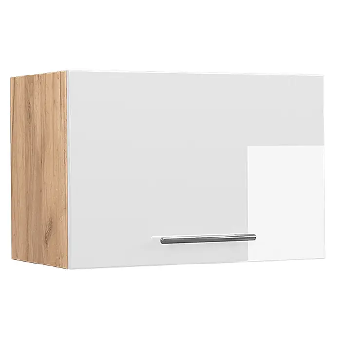 Vicco Schrankküche Fame-Line Weiß Hochglanz Flach - Weiß Hochglanz, Hängeschrank 60 cm (flach) - Weißer Küchenhängeschrank mit Holz-Optik Seitenwand und silbernem Griff.