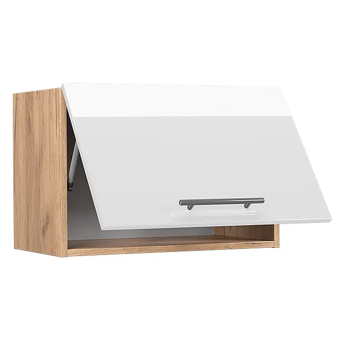 Vicco Schrankküche Fame-Line Weiß Hochglanz Flach - Weiß Hochglanz, Hängeschrank 60 cm (flach) - Hölzerner Küchen-Hängeschrank mit weißer Hochglanz-Klapptür und dunklem Griff, inklusive offenem Fach.