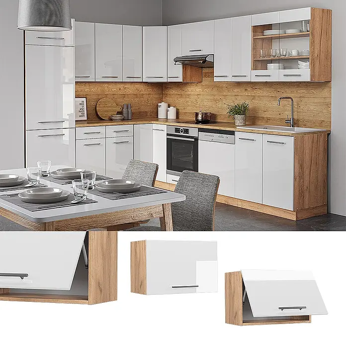 Vicco Schrankküche Fame-Line Weiß Hochglanz Flach - Weiß Hochglanz, Hängeschrank 60 cm (flach) - Moderne L-förmige Küchenzeile mit glänzenden weißen Schränken und Holzdetails. Inklusive Geräten, Spüle und Essbereich.