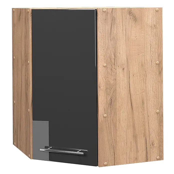 Vicco Schrankküche Fame-Line Anthrazit Hochglanz - Anthrazit Hochglanz, Eckhängeschrank 57 cm - Eckhängeschrank mit dunkelgrauer Tür und hellen Holzmaserungsseiten.
