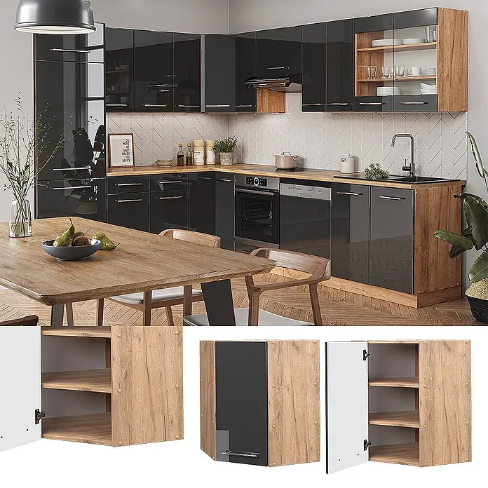 Vicco Schrankküche Fame-Line Anthrazit Hochglanz - Anthrazit Hochglanz, Eckhängeschrank 57 cm - Moderne L-förmige Küche mit schwarzen Hochglanzschränken, Holzplatten und offenen Regalen.