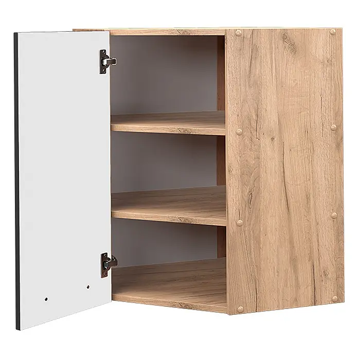 Vicco Schrankküche Fame-Line Anthrazit Hochglanz - Anthrazit Hochglanz, Eckhängeschrank 57 cm - Hellbrauner Schrank mit geöffneter weißer Tür und drei internen Regalböden.