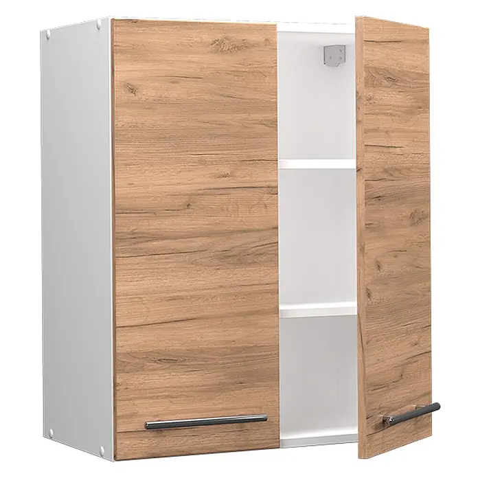 Vicco Schrankküche Fame-Line Goldkraft Eiche - Goldkraft Eiche, Hängeschrank 60 cm - Weißer Hängeschrank mit hellen Holzfronten, silbernen Griffen. Eine Tür offenbart weiße Innenregale.