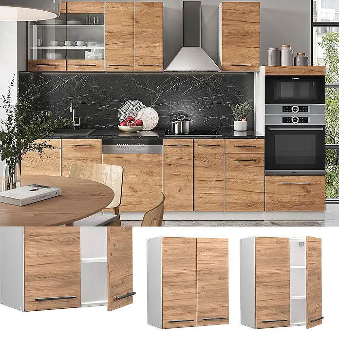 Vicco Schrankküche Fame-Line Goldkraft Eiche - Goldkraft Eiche, Hängeschrank 60 cm - Moderne Küche mit Holzoptikschränken, dunklen Griffen und integrierten Geräten in einer praktischen Anordnung.