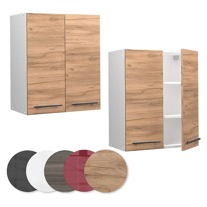 Vicco Schrankküche Fame-Line Goldkraft Eiche - Goldkraft Eiche, Hängeschrank 60 cm - Küchenwandschrank in Holzoptik mit weißen Seiten, geschlossen und offen mit Einlegeböden gezeigt.