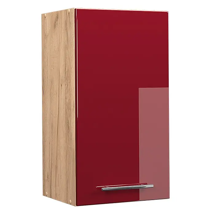 Vicco Schrankküche Fame-Line Bordeaux Hochglanz - Bordeaux Hochglanz, Hängeschrank 40 cm - Roter Hochglanz-Küchenhängeschrank mit heller Holzoptik-Seitenwand und silbernem Griff.