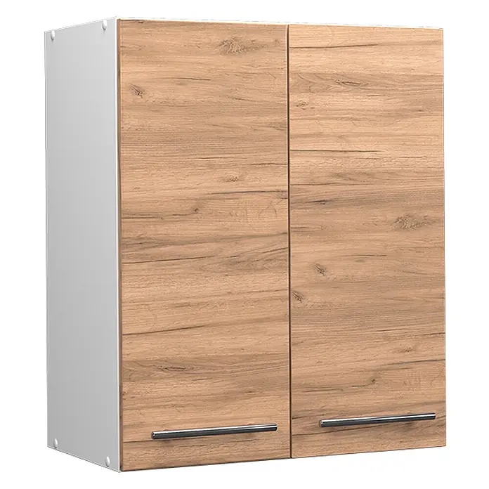 Vicco Schrankküche Fame-Line Goldkraft Eiche - Goldkraft Eiche, Hängeschrank 60 cm - Zweitüriger Hängeschrank mit hellen Holzmaserungstüren, weißen Seiten und Chromgriffen.