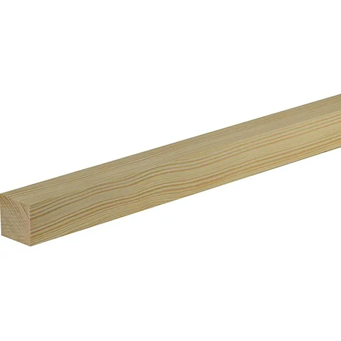 Quadratleiste - L x B x H: 240 x 2,8 x 2,8 cm, Fichte/Kiefer - Holzlatte: Ein rechteckiges, helles Holzstück mit sichtbarer Maserung, ideal für Bauprojekte oder Bastelarbeiten.