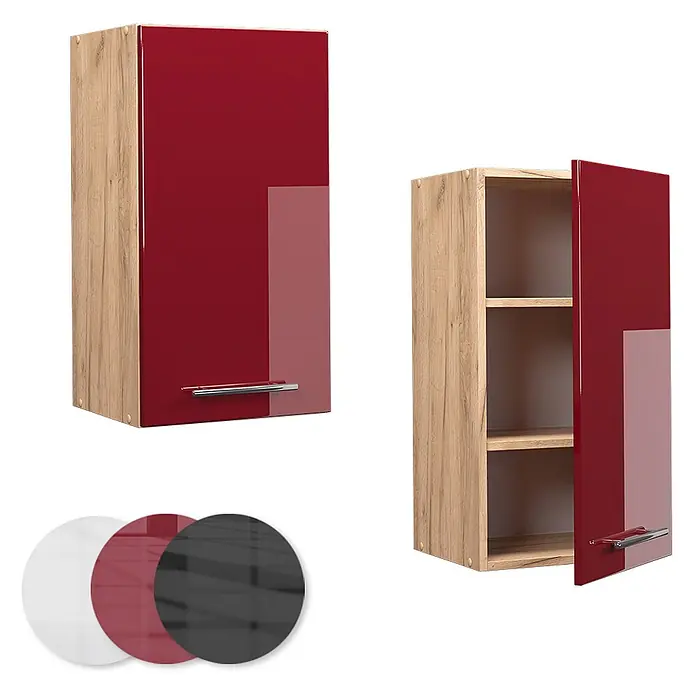 Vicco Schrankküche Fame-Line Bordeaux Hochglanz - Bordeaux Hochglanz, Hängeschrank 40 cm - Roter Hochglanz-Wandschrank mit hellen Holzseiten, geschlossen und offen mit Regalböden gezeigt. Erhältlich in Weiß, Rot und Schwarz.